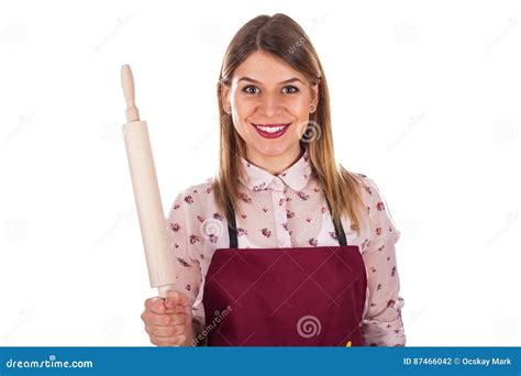 Smiling Woman Holding A Baking Rolling Pin Stock Photo Image Of Kitchen Host