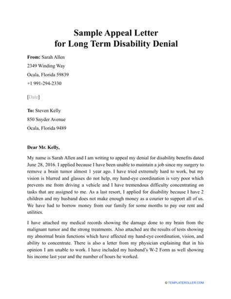 Sample Appeal Letter For Long Term Disability Denial Download Printable