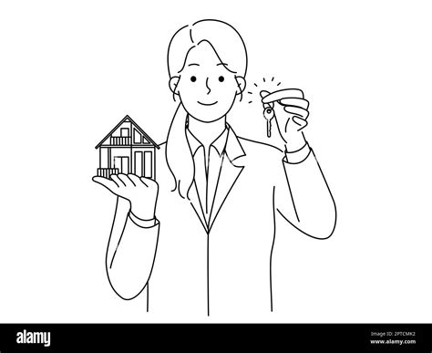 Smiling female realtor hold house maquette and key for future owners