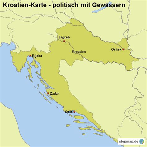 Auf der karte von kroatien ist die küste zum adriatischen meer (mittelmeerausläufer, auch kroatische adria) gut zu erkennen. Landkarte Kroatien (Karte politisch mit Gewässern) von ...