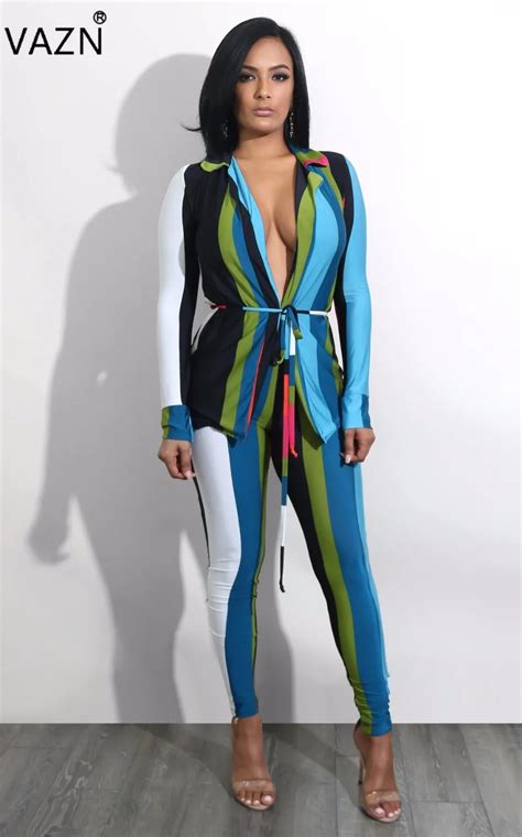 Vazn 2018 Hot Fashion Ladies Sexy 2 Piece Bodycon Costume Summer Striped Women Jumpsuits Print