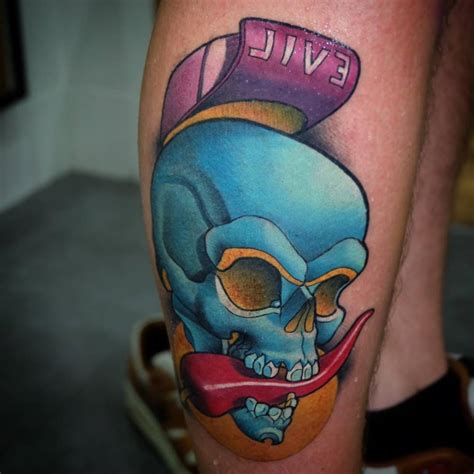 Blue New School Style Skull Tattoo On The Right5ink