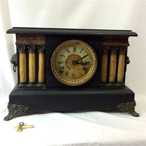 Antique Session Mantle Clock 6 Fluted Celluloid Columns Lions Head