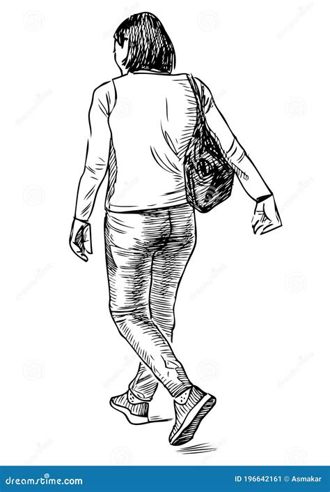 Sketch Of Casual City Woman Walking Along Street On Summer Day Stock