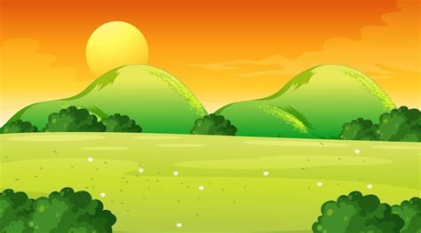Premium Vector Blank Meadow Landscape Scene At Sunset Time