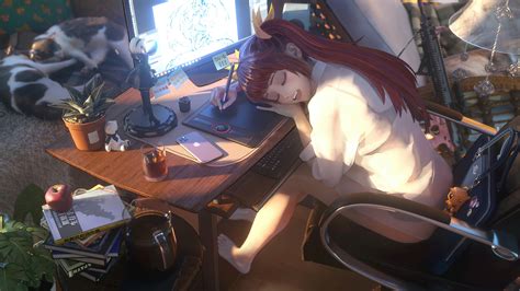 Anime Girl Sleeping Drawing Computer Cats K HD Wallpaper Rare