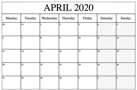 April 2020 Calendar Printable Blank Template Pdf Word Excel