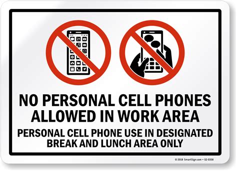 No Personal Cell Phones Allowed In Work Area Sign Sku S2 0358