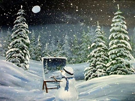 Snowman Painting Snowy Forest Snowy Forest Painting Winter Painting