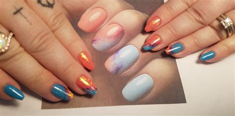 See more ideas about nail designs, cute nails, pretty nails. Marble Gel polish nails with glitter coral and teal | Gel ...