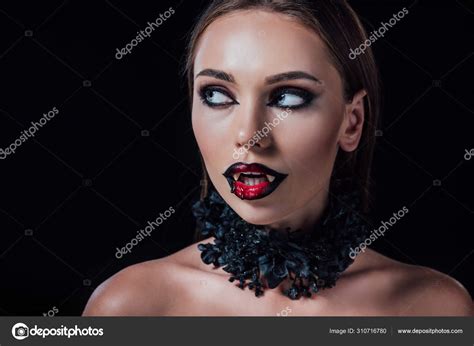 Naked Scary Vampire Girl Fangs Looking Away Isolated Black Stock Photo
