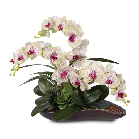 Real Touch Triple Stem Silk Orchid Arrangement In A Curved Wooden Styl