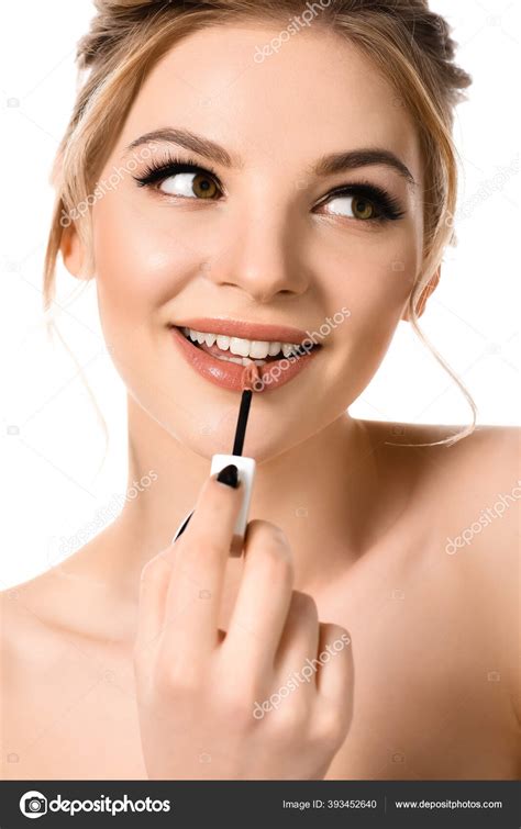 Smiling Naked Beautiful Blonde Woman Makeup Black Nails Applying Beige