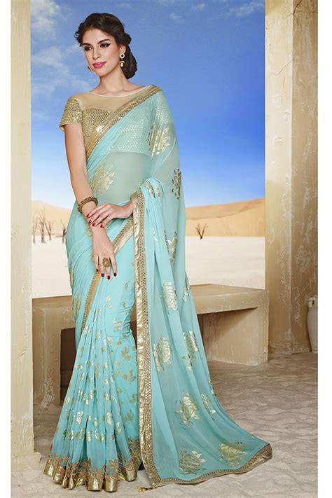 Sky Blue Latest Style Party Wear Saree With Blouse From Skysarees Party Wear Sarees Saree