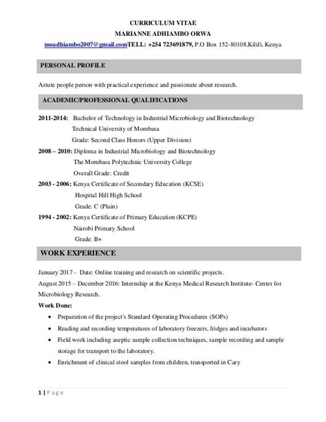 Curriculum Vitae Cv Format In Kenya Template For U