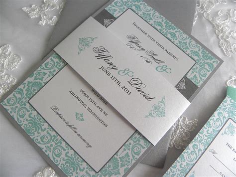 Aquatiffany Blue And Pewter Damask Wedding Invitation Tiffany Blue
