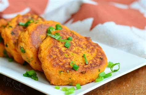 These easy vegan mashed sweet potato and lentil cakes are simple savory patties (fritters) that are crispy from the outside and soft from the inside! Sweet Potato Cakes - Will Cook For Smiles