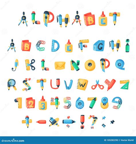 Alphabet Stationery Letters Vector Abc Font Alphabetic Icons Of Office
