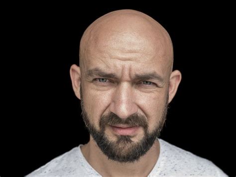 Portrait Of White Bald Man With Beard In White T Shirt Bald Men With