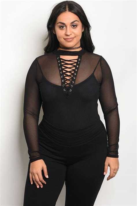 Ladies Fashion Plus Size Long Sleeve Mesh Unlined Bodysuit With A Lace