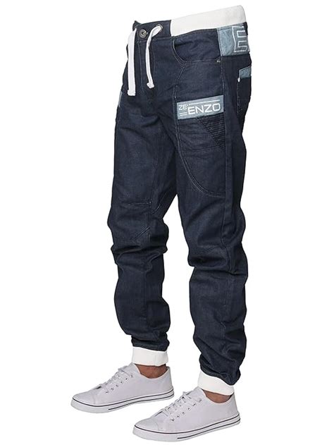 buy enzo mens designer ribbed cuffed jogger denim coated jeans all waist sizes 36 navy at