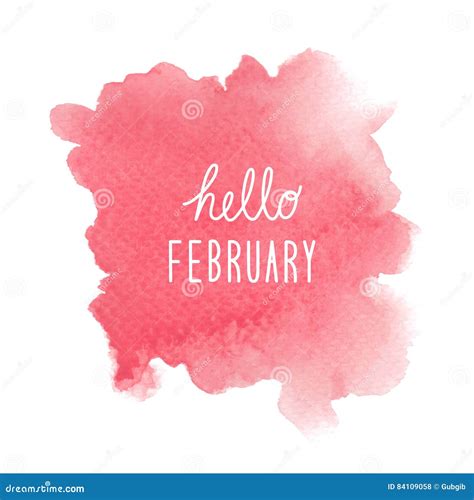 Hello February Greeting With Red Watercolor Background Stock