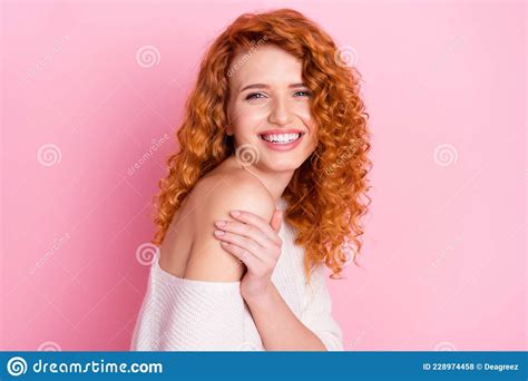 Photo Portrait Of Red Curly Haired Girl Smiling Touching Shoulder Laughing Happy Isolated Pastel