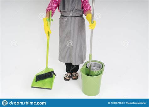 Maid Woman With Broom Stick Dustpan Mopping Bucket Stock Photo