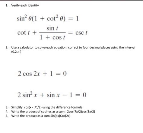 Solved 1 Verify Each Identity Sin 01 Cote 1 Sint Cot