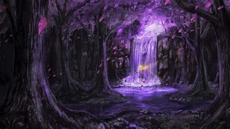 Purple Forest Scenic Fairy Anime Girl Waterfall Magical