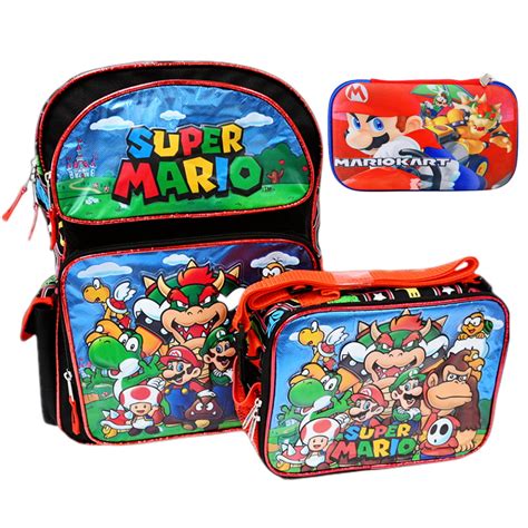 Super Mario 16 Large School Backpack With Lunch Bag And Molded Pencil