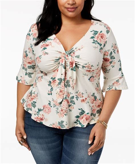 Planet Gold Trendy Plus Size Printed Tie Front Top And Reviews Tops