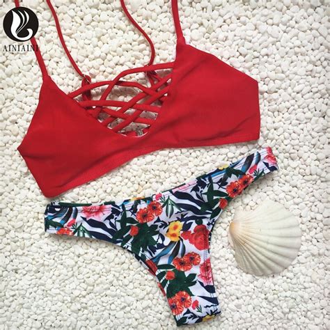 Women Sexy Criss Cross Red Top Bikinis Floral Printing Thong Swimming