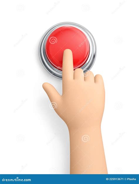 Cartoon Hand Pressing The Red Button Isolated On White Clipping Path