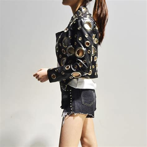 Hollow Out Metal Circle Rivets Women Motorcycles Jacket Cool Black Gold