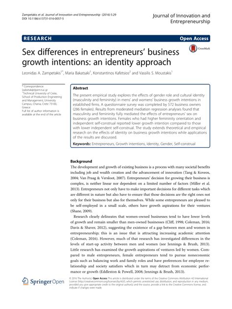 Pdf Sex Differences In Entrepreneurs Business Growth Intentions An Identity Approach