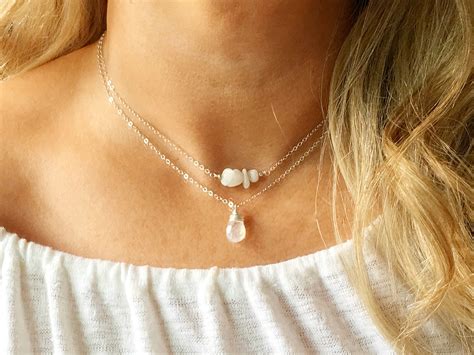 Layering Set Moonstone Choker And Teardrop Necklace Gold Or Silver