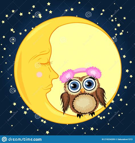 A Sweet Cartoon Brown Owl In Soft Headphones Sits On A Drowsy Crescent