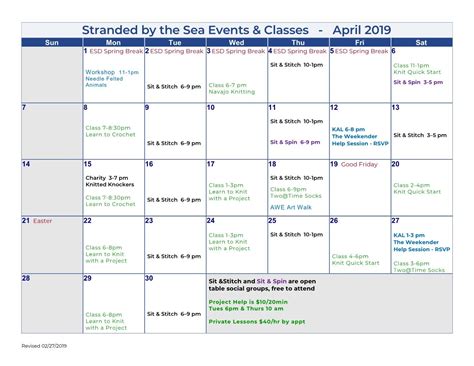 Calendar Of Events April 2019 Stranded By The Sea