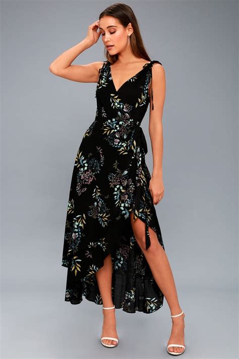 Lovely Black Dress Floral Print Dress Wrap Maxi Dress Lulus