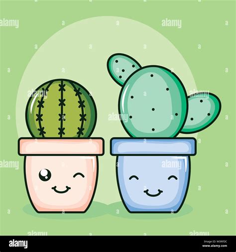 Las Plantas De Cactus En Macetas Kawaii Caracteres Diseño Ilustración