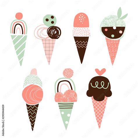 Cute Ice Cream Vector Illustrations Set Doodle Yummy Gelato Simple Composition Cartoon Dessert