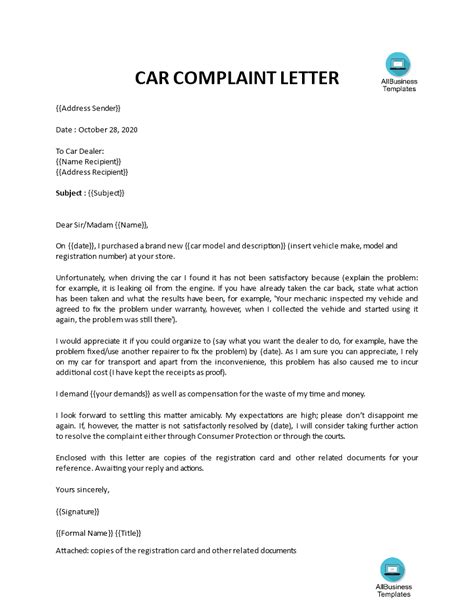 Car Complaint Letter Used Vehicle Templates At