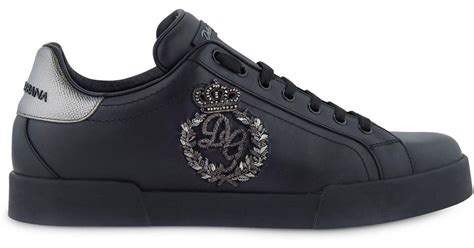 Dolce And Gabbana Portofino Wreath And Crown Leather Sneakers In Black