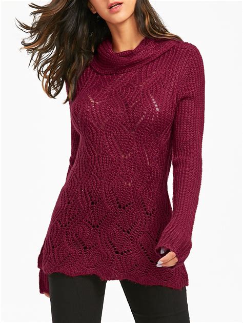 2018 Turtleneck Cable Knit Chunky Sweater In Dark Red One Size