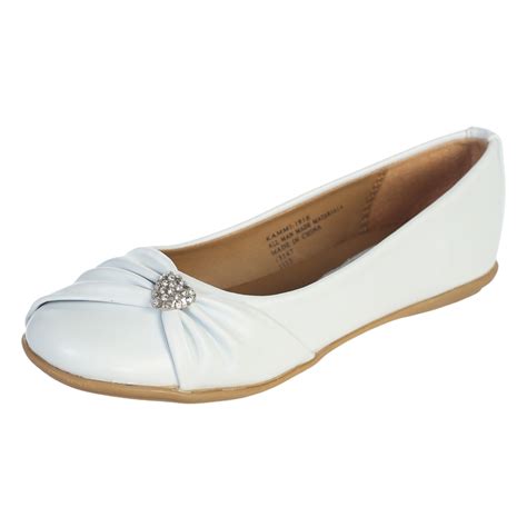 Girls White Dress Shoes Flats With A Rhinestone Heart And Faux Bow