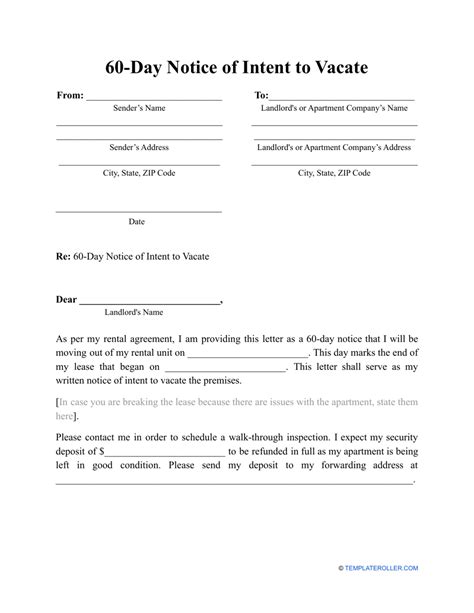 Printable Tenant 60 Day Notice To Vacate Template