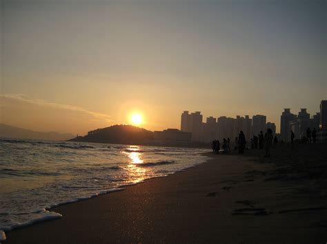 Sunset At Haeundae Gu Beach Pusan South Korea Korean Peninsula Developing Country North