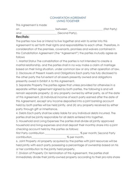 This sample cohabitation agreement, also known as a living together agreement, is designed to be used by two parties who are living together but not married, and who. Cohabitation Agreement - 30+ Free Templates & Forms ᐅ ...