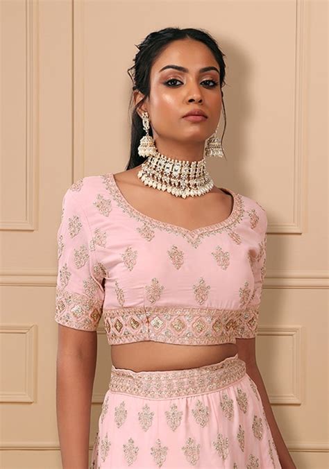Buy Women Pastel Pink Zari Floral Embroidered Lehenga Set With Blouse